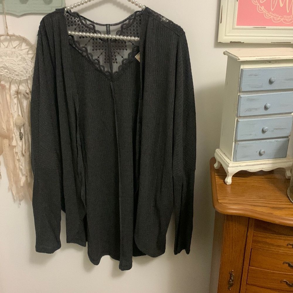 7th Ray XL Black Waffle Knit Lace Inset V-Neck Long Sleeve Top Rayon Blend